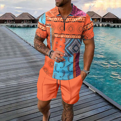 Herrset – Slim fit pikétröja med dragkedja – Digitalt mönster – Knälånga shorts