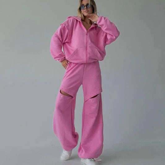 Dam Loungewear Set – Fleecekänsla – Avslappnad Passform – Huvtröja med Dragkedja – Vida Byxor med Utskärningar