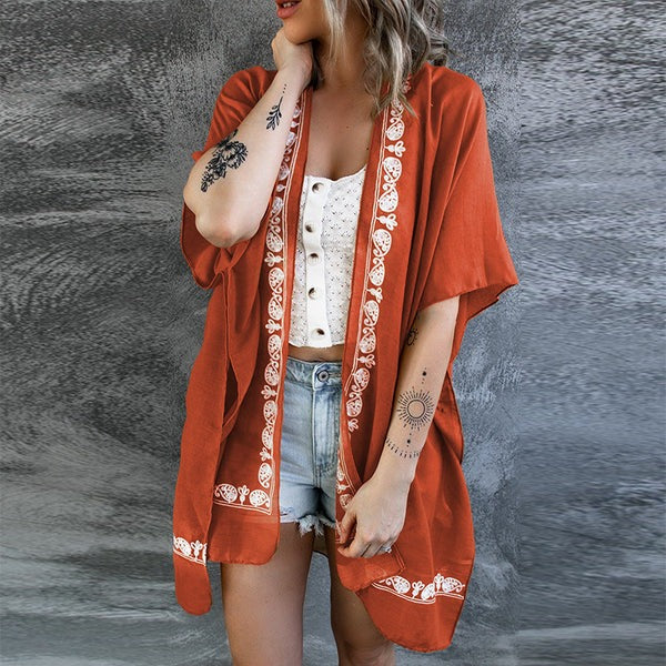 Dam Kimono Kofta – Avslappnad Passform – Broderad Kant