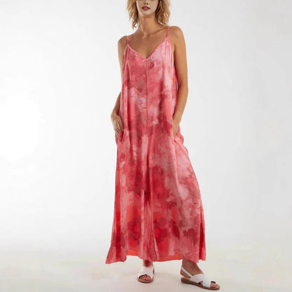 Damklänning maxi – Avslappnad passform – Justerbara axelband – V-ringning – Andningsbart tyg