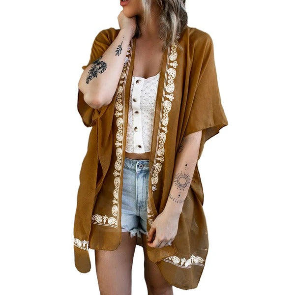 Dam Kimono Kofta – Avslappnad Passform – Broderad Kant