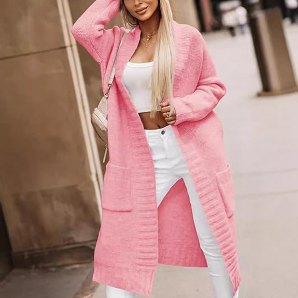 Damkappa – Mjukstickad – Oversize Passform – Öppen Front – Fickor – Ribbad Kant