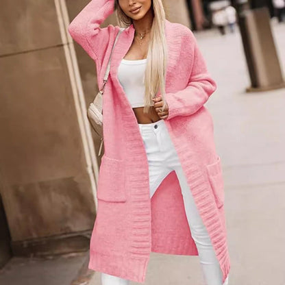 Damkappa – Mjukstickad – Oversize Passform – Öppen Front – Fickor – Ribbad Kant