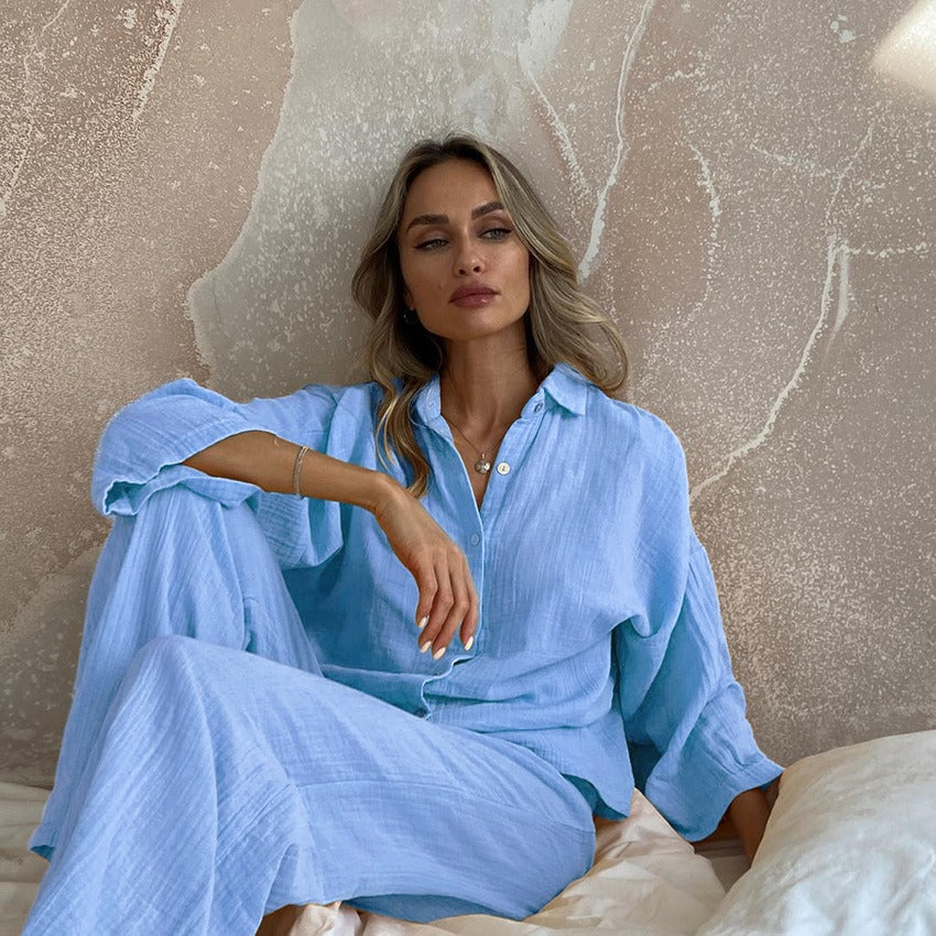 Dam Lounge Set – Oversize Passform – Knäppt Skjorttop – Vida Byxor – Linne