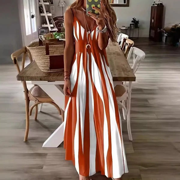 Damklänning maxi – Ärmös – V-ringning – Vertikala ränder – Luftigt tyg