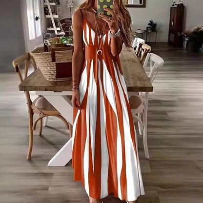 Damklänning maxi – Ärmös – V-ringning – Vertikala ränder – Luftigt tyg