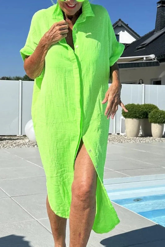 Damklänning midi – Avslappnad passform – Knäppning fram – Linneblandning – Kort ärm