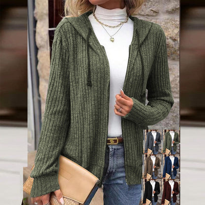 Damstickad tröja – Avslappnad passform – Ribbad struktur – Dragkedja – Huva – Lång ärm