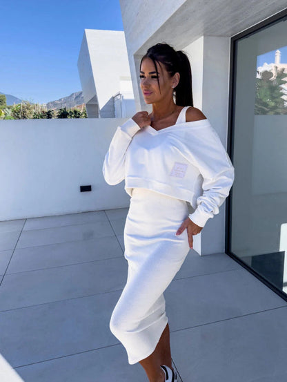 Damklänning Set – Slim Fit – V-ringning – Mjuk Bomullsblandning – Midi Längd