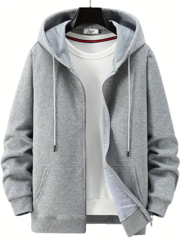 Herrhoodie med Dragkedja – Avslappnad Passform – Bomullsblandning – Justerbar Huva – Fickor Fram