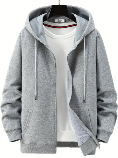 Herrhoodie med Dragkedja – Avslappnad Passform – Bomullsblandning – Justerbar Huva – Fickor Fram
