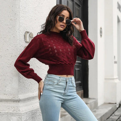 Damtröja – Figurnära Kort Modell – Virkad Stickning – Puffärmar – Rund Halsringning