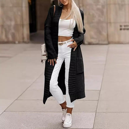 Damkappa – Mjukstickad – Oversize Passform – Öppen Front – Fickor – Ribbad Kant