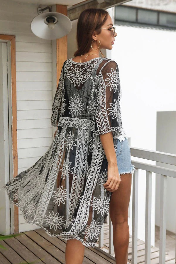 Dam Kimono Strandtunika – Virkade Detaljer – Ledig Passform