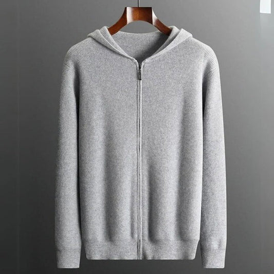 Herrhoodie – Ullblandning – Avslappnad Passform – Dragkedja – Ribbad Kant
