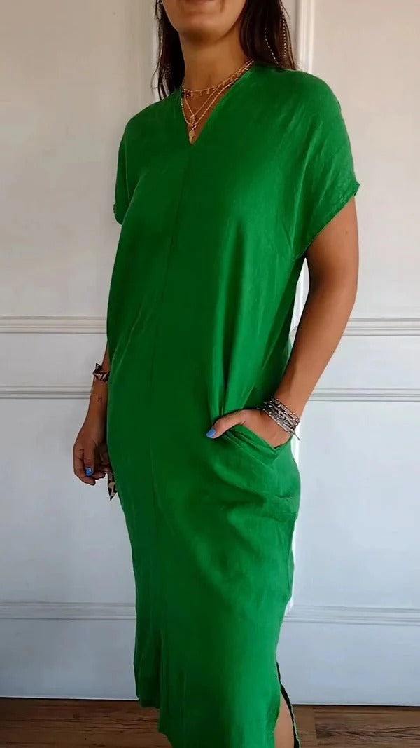 Damklänning maxi – avslappnad passform – mjuk bomullskänsla – V-ringning – kort ärm – med fickor