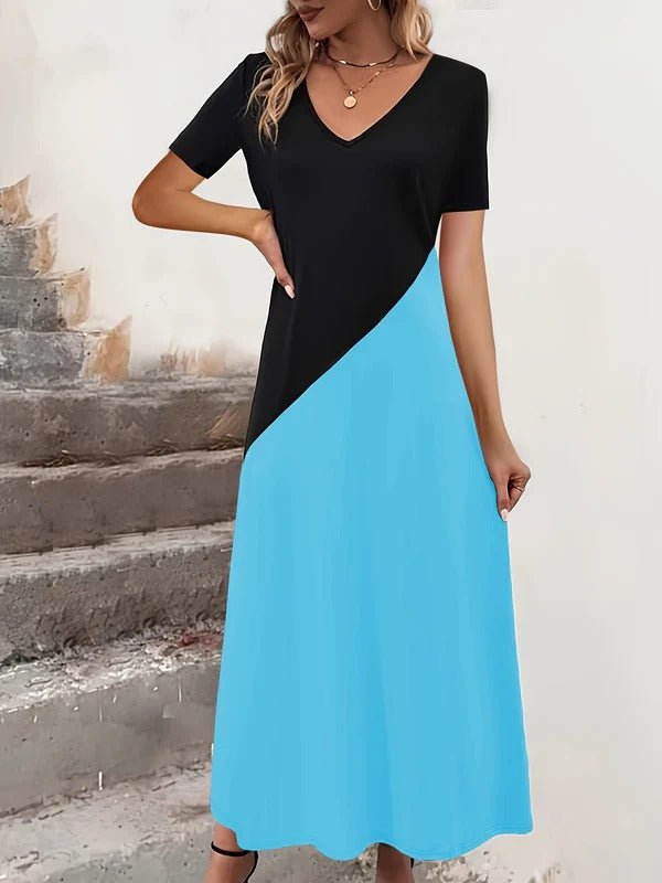 Damklänning maxi – figursydd överdel – v-ringning – kort ärm – färgblockdesign