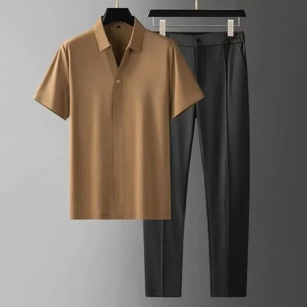 Herrset – Slim Fit – Kortärmad Skjorta med Knäppning – Skräddarsydda Byxor – Bomullsblandning
