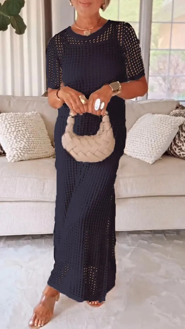 Damklänning Maxi – Rak Passform – Meshdetaljer – Kort Ärm Elegant Stil