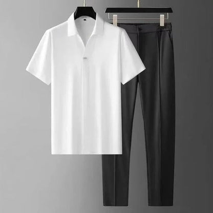 Herrset – Slim Fit – Kortärmad Skjorta med Knäppning – Skräddarsydda Byxor – Bomullsblandning
