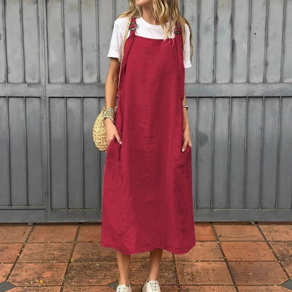 Damklänning – Linne – Avslappnad Passform – Justerbara Axelband – Midilängd – Fickor