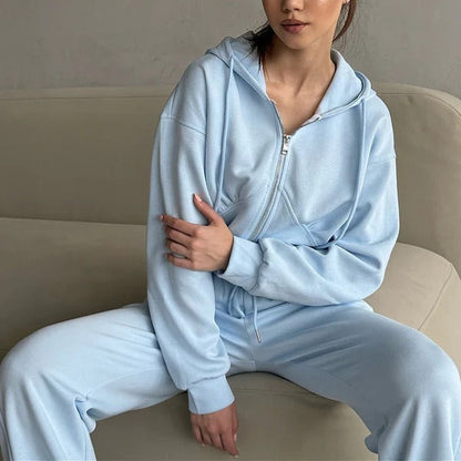 Dam Lounge Set – Hoodie med Dragkedja – Vida Byxor – Mjuk Bomullsblandning