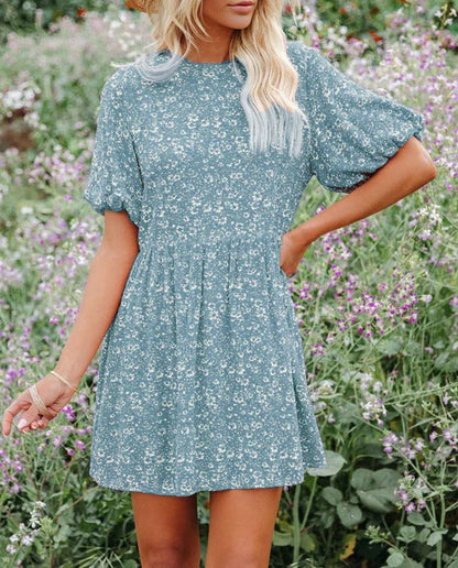 Damklänning A-linjeformad – Puffärmar – Blommigt Mönster – Kort Modell