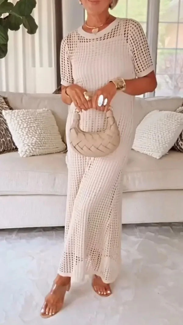 Damklänning Maxi – Rak Passform – Meshdetaljer – Kort Ärm Elegant Stil