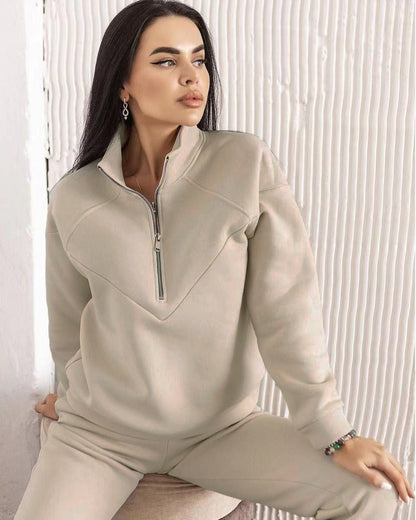 Dam Loungewear Set – Fleece Hoodie med Half Zip – Joggerbyxor – Avslappnad Passform