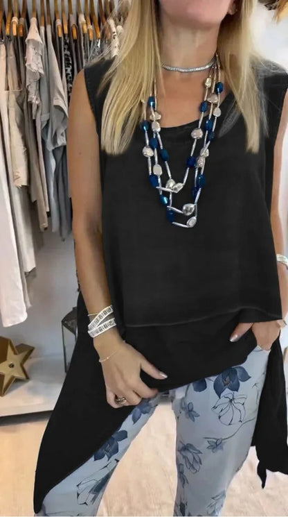 Damtop – Ärmös Lång Modell – Avslappnad Passform – Asymmetrisk Fåll – Bomullskänsla