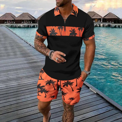 Herrset med pikétröja med dragkedja – Regular fit – Tropiskt mönster – Shorts med dragsko