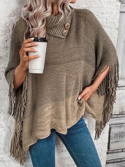 Damtop – Stickad Oversize Passform – Fransad Kant – Ribbad Polokrage – Dekorknappar