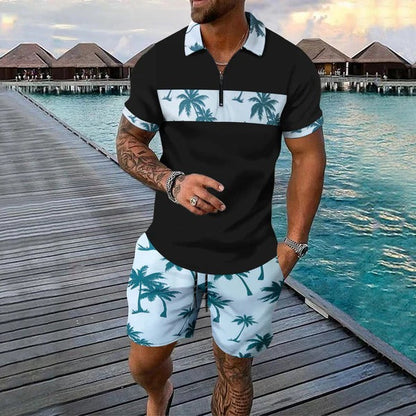 Herrset med pikétröja med dragkedja – Regular fit – Tropiskt mönster – Shorts med dragsko