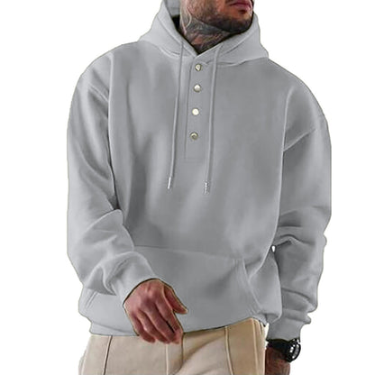 Herrhoodie – Avslappnad passform – Fleece-textur – Knappslå – Justerbar huva