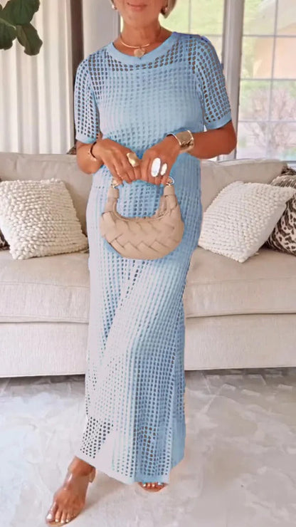 Damklänning Maxi – Rak Passform – Meshdetaljer – Kort Ärm Elegant Stil