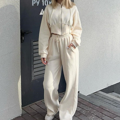 Dam Lounge Set – Hoodie med Dragkedja – Vida Byxor – Mjuk Bomullsblandning