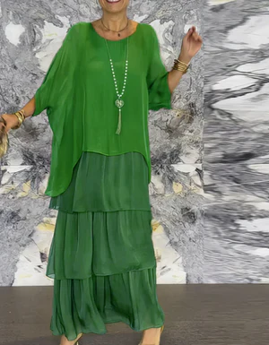 Damklänning – Maxilängd – Ledig Passform – Skira Tyglager – Armbågslång Ärm