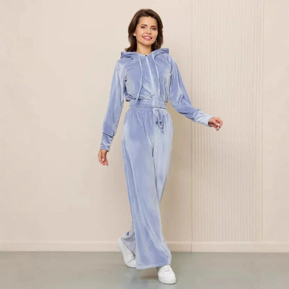 Dam Lounge Set – Fleece – Avslappnad Passform – Hood med Dragsko – Vida Byxor