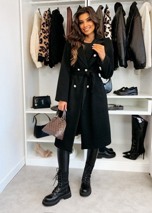 Damkappa i ull – Skräddarsydd passform – Dubbeknäppt – Midjebälte – Knälång