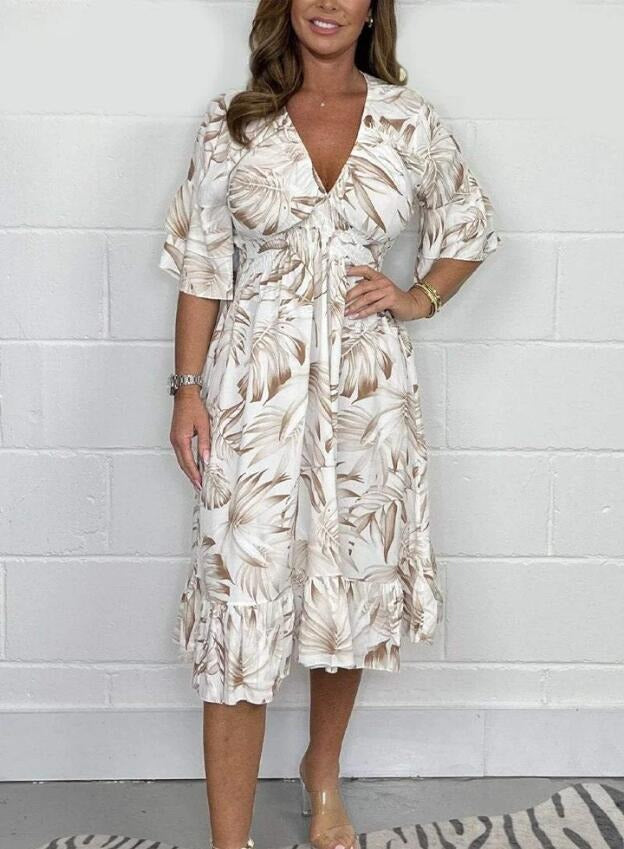 Damklänning midi – Lös passform – Hög midja – V-ringning – Blommig – Volangärm – Bomullskänsla