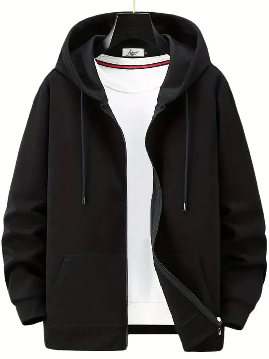 Herrhoodie med Dragkedja – Avslappnad Passform – Bomullsblandning – Justerbar Huva – Fickor Fram