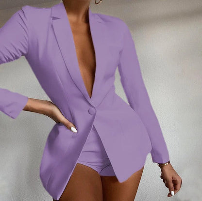 Blazer Shorts Set för kvinnor – Skräddarsydd passform – Djup V-ringning – Strukturerad look