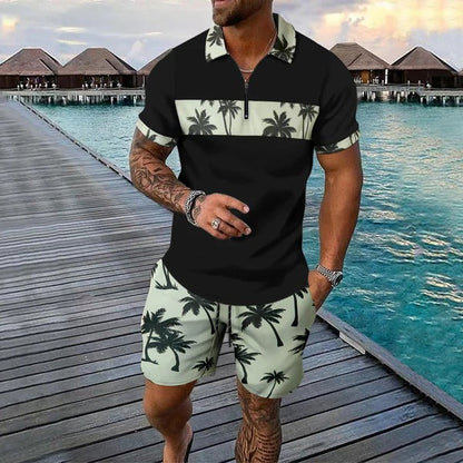 Herrset med pikétröja med dragkedja – Regular fit – Tropiskt mönster – Shorts med dragsko
