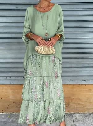 Damklänning – Maxilängd – Ledig Passform – Skira Tyglager – Armbågslång Ärm