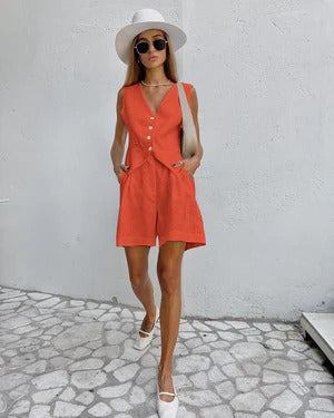 Damset med väst och shorts – Linne – Avslappnad Passform – Skräddad V-ringning – Knäppning Fram