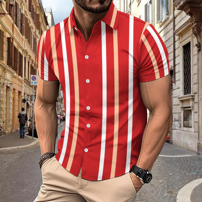 Herrskjorta kort ärm – Slim fit – Bomull – Vertikalt randig – Knappstängning