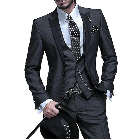 Herrkostym 3-delad – Slim Fit – Ullblandning – Kavaj med Notchkrage – Formell Look