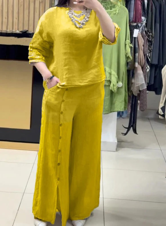 Damset – Linne – Avslappnad långärmad topp – Vida byxor med knapplist