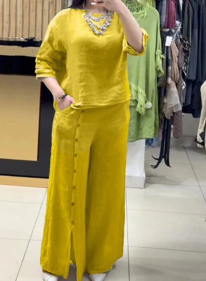 Damset – Linne – Avslappnad långärmad topp – Vida byxor med knapplist