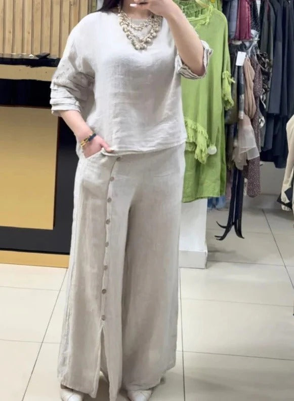 Damset – Linne – Avslappnad långärmad topp – Vida byxor med knapplist